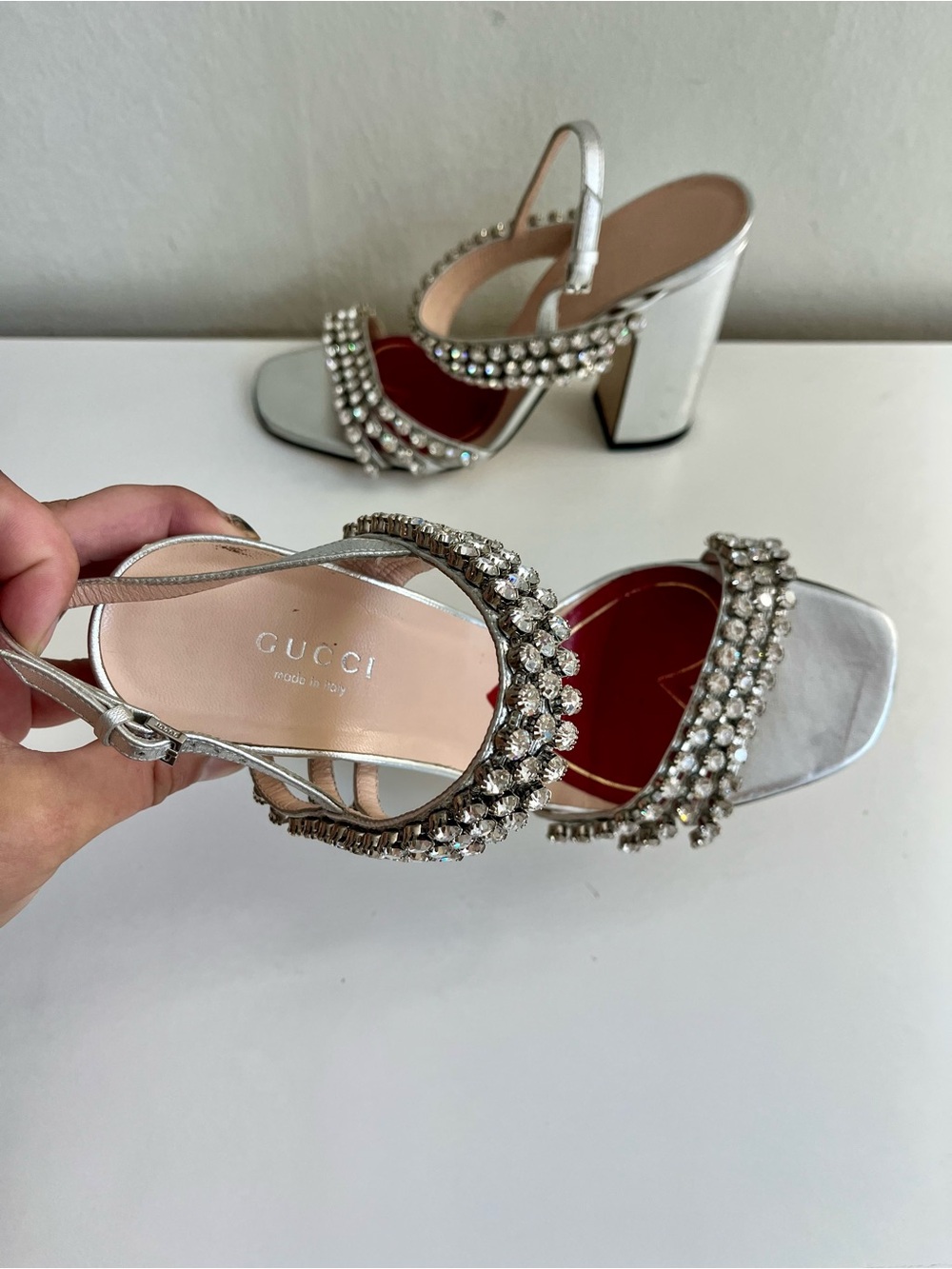 Gucci Bertie Crystal Metallic Leather Sandals Size 36.5 - Picture 3 of 16